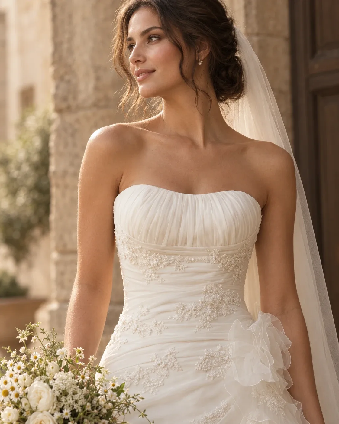 Detalle del encaje del cuerpo de un vestido de novia de Atteso
